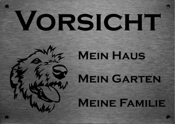 Edelstahl Warnschild Irischer Wolfshund VORSICHT Mein Haus mein Garten meine Familie